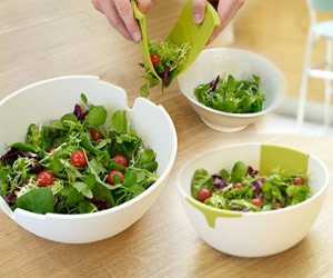 salad bowl with integrated server spoon hands for serving