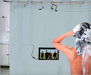 Shower curtain with in-built speakers for music listening