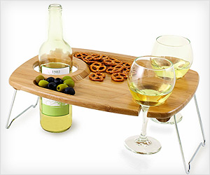 picnic table with space for snacks, wine bottle, glasses