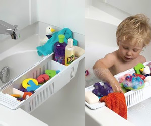 Basket to store bath toys over the tub directly